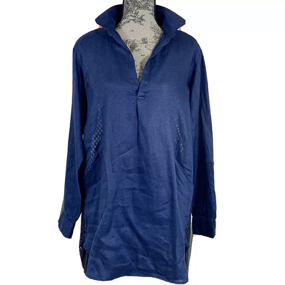Navy Linen Shirt Swim Cover Up Roll Tab Sleeve - Picture 1 of 14